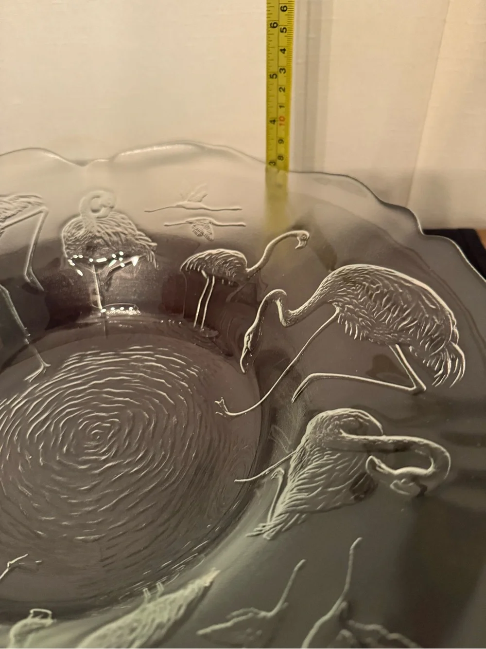 🦩Raised flamingo 🦩 bowl.  French glass 14” scalloped edge.